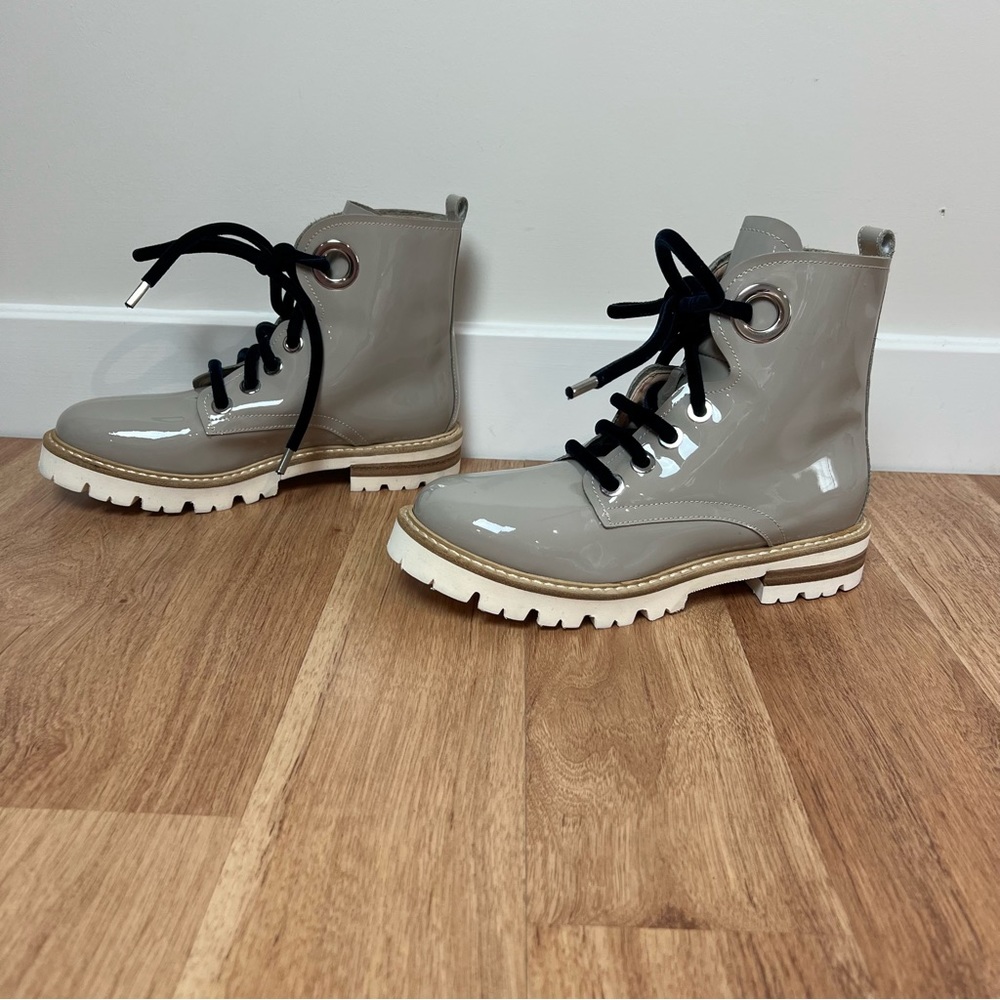 AGL Gray Patent Combat Military Boots Shoes Women Size 6 1/2 Minimalist Urban